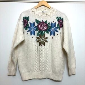 Vintage floral hand embroidered cable knit sweater Jantzen Classics snowflake